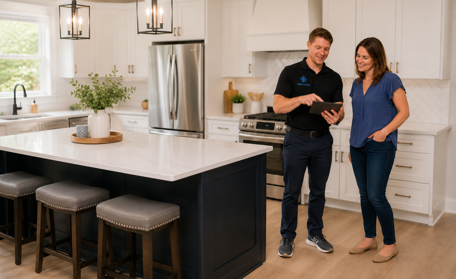 Island Appliance Repair technician reviewing service details with a customer in a Wilmington kitchen